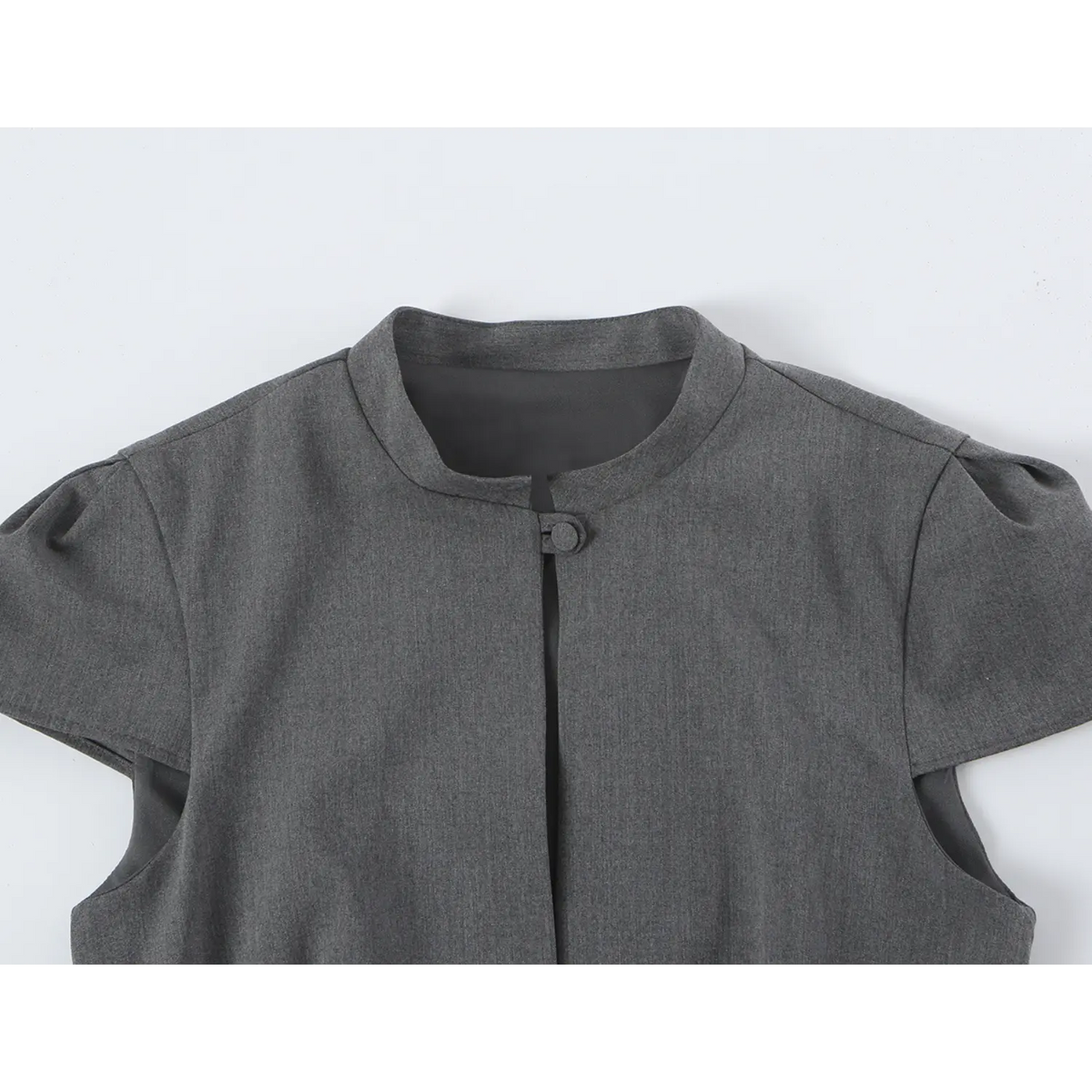 Close-up of stand collar and top covered button