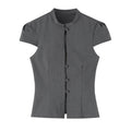 Gray stand collar blouse, front flat lay