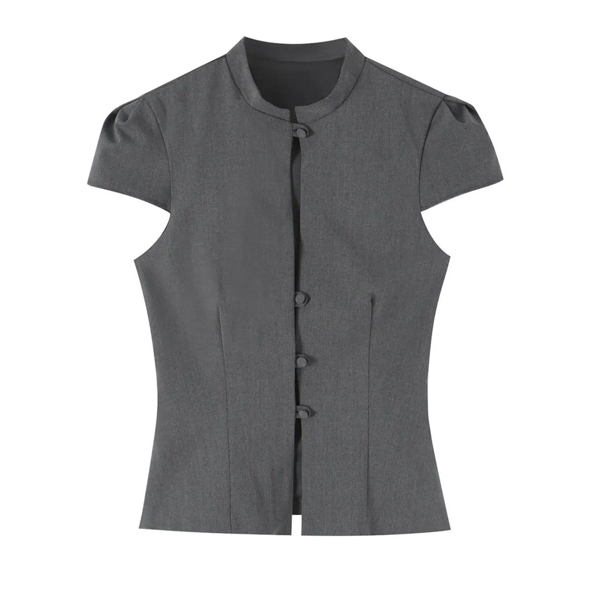 Gray stand collar blouse, front flat lay