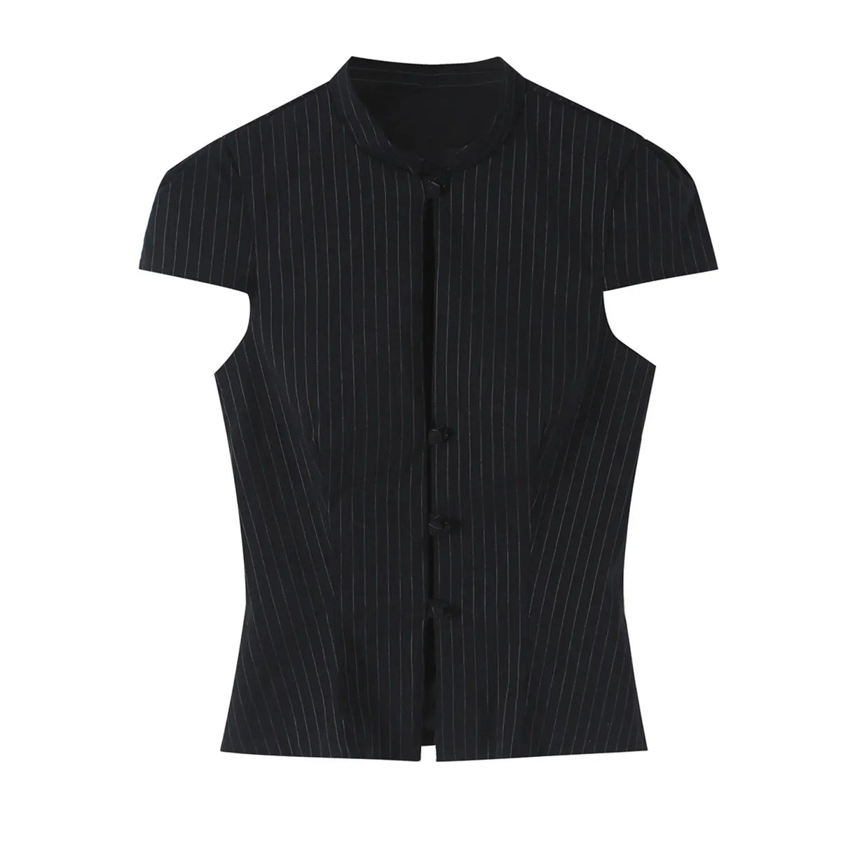 Black pinstripe stand collar blouse, front flat lay