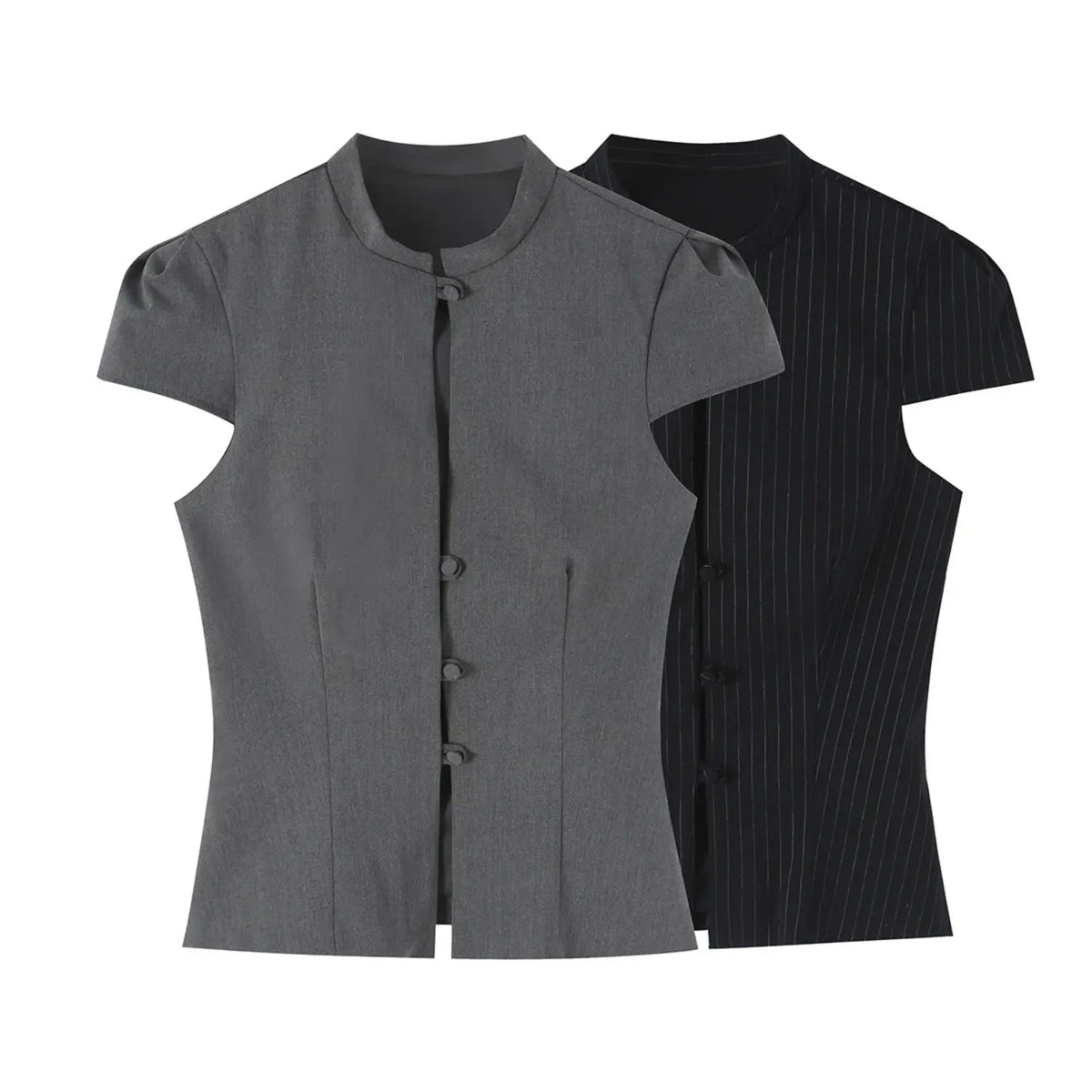 Gray and black pinstripe stand collar blouse, two color flat lay