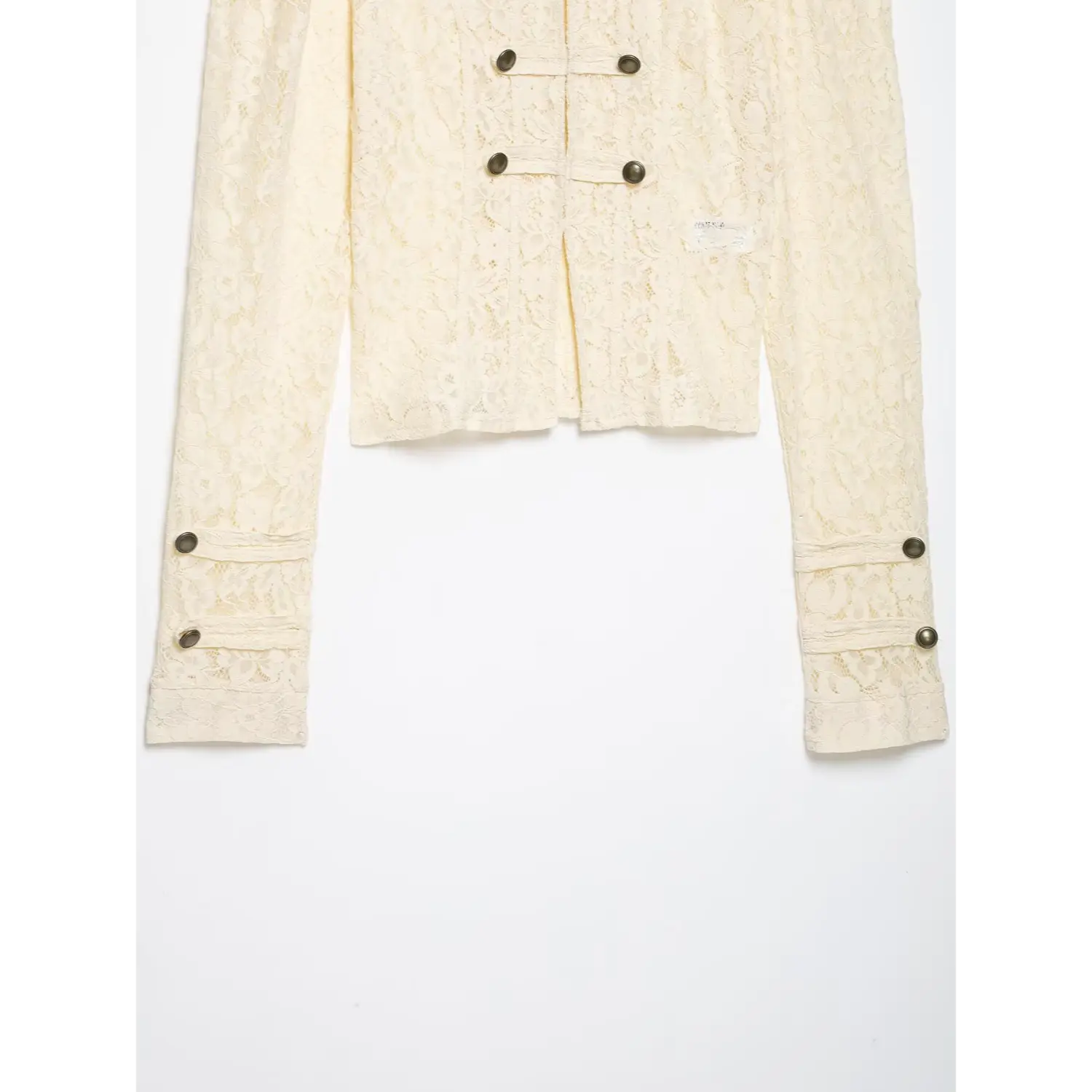 Women mandarin collar cream lace cropped blazer, double breasted brass buttons, long fitted sleeves