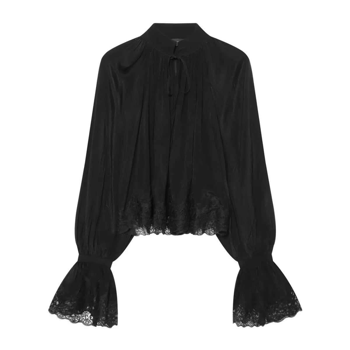 Front flat lay of black stand collar tie neck lace trim bell sleeve blouse