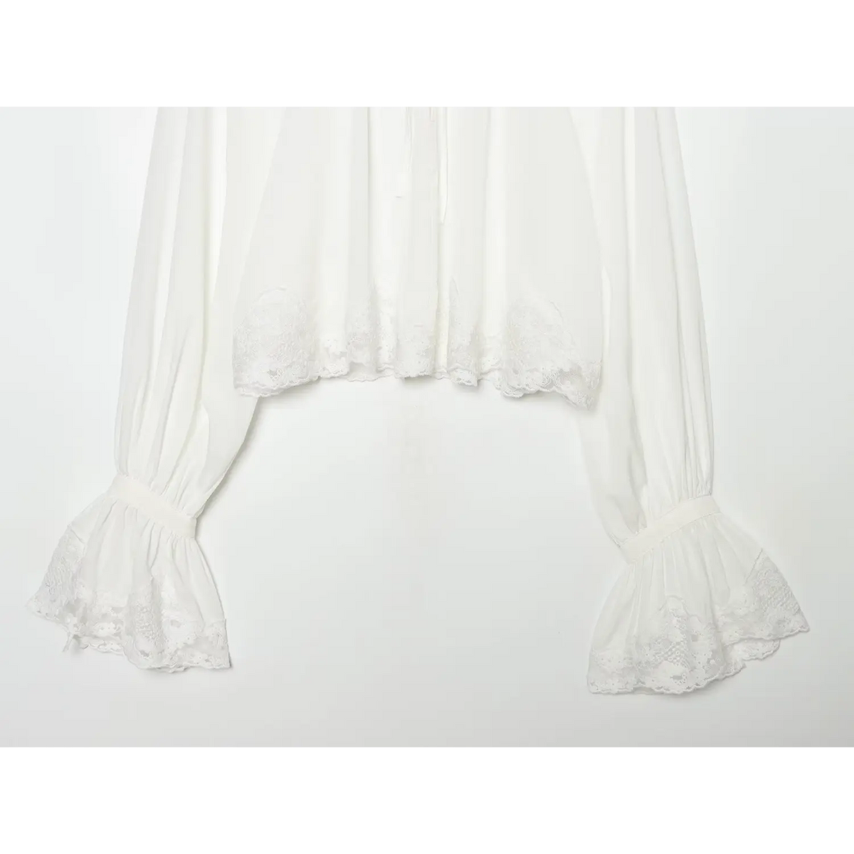 Close-up of lace hem and bell sleeve cuff