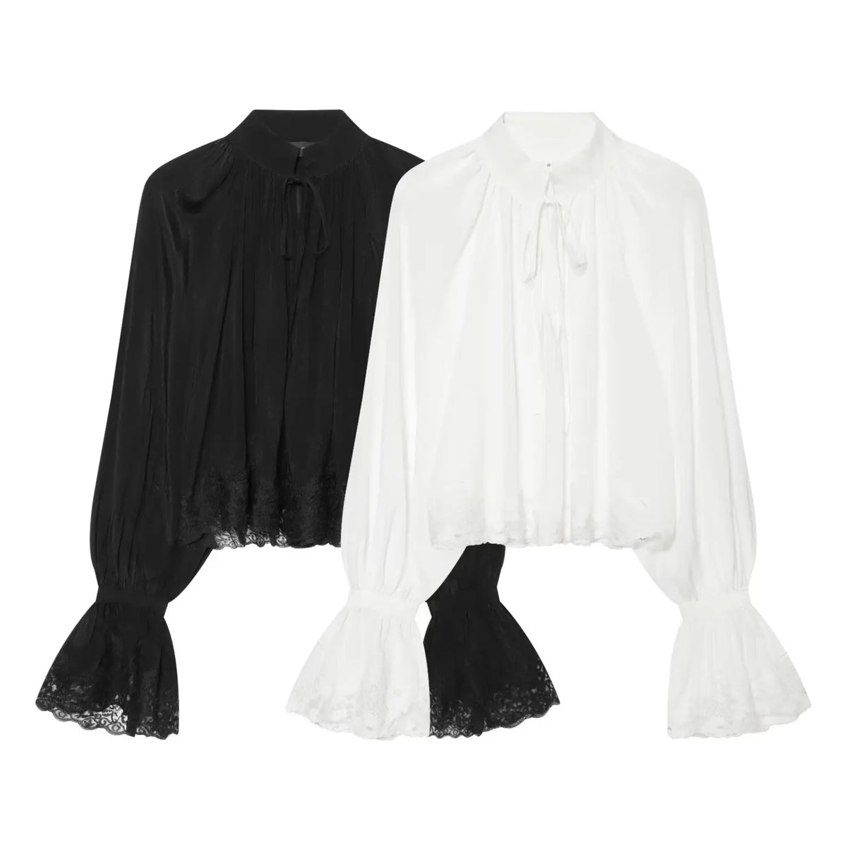 Two colorways of stand collar tie neck lace trim bell sleeve blouse