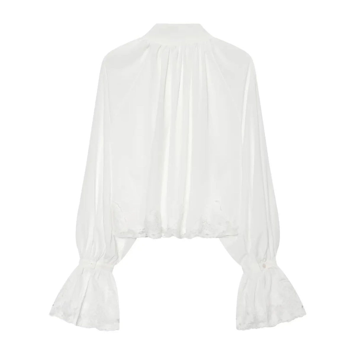 Back flat lay of white stand collar tie neck lace trim bell sleeve blouse