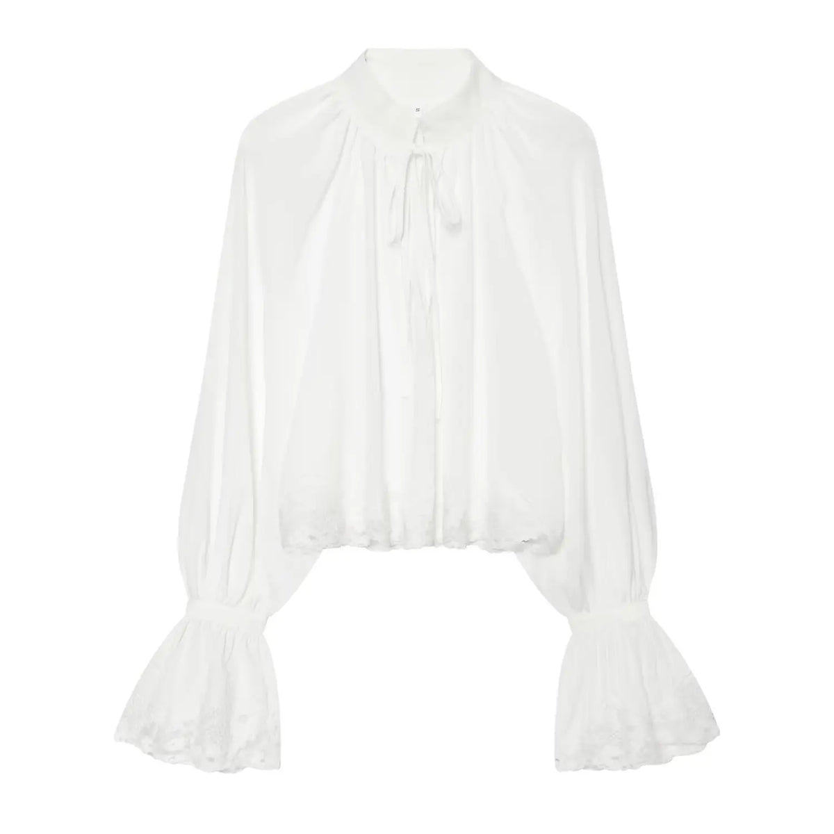 Front flat lay of white stand collar tie neck lace trim bell sleeve blouse