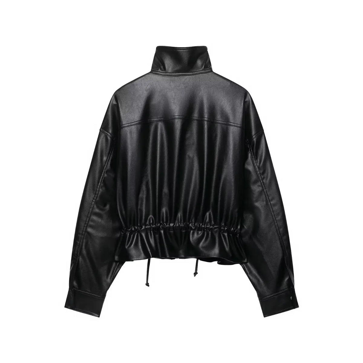 Back flat lay of black stand collar zip up cropped PU jacket