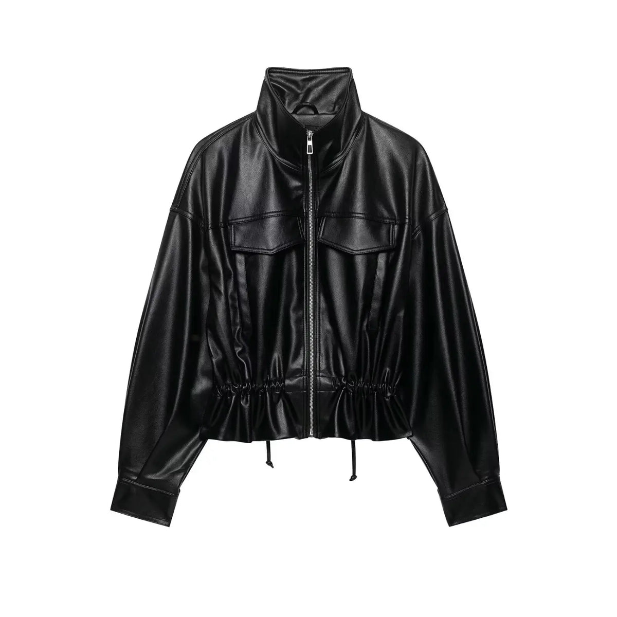 Front flat lay of black stand collar zip up cropped PU jacket