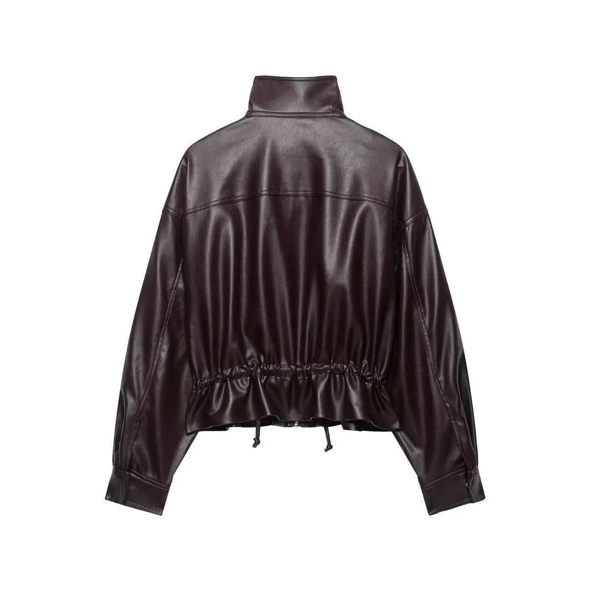 Back flat lay of burgundy stand collar zip up cropped PU jacket