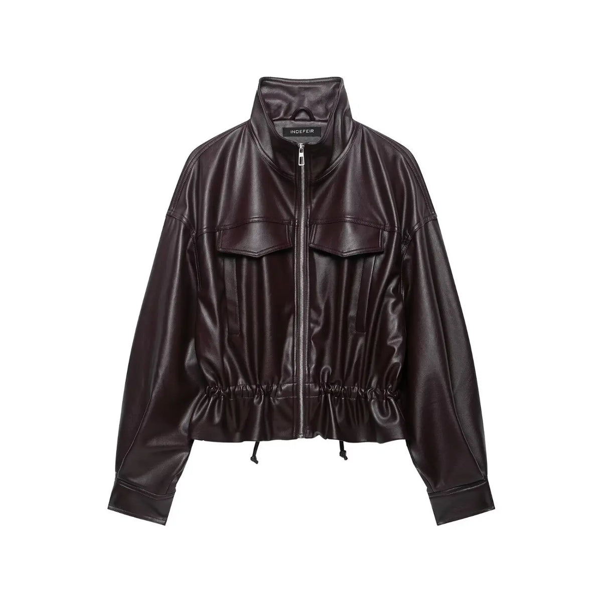 Front flat lay of burgundy stand collar zip up cropped PU jacket