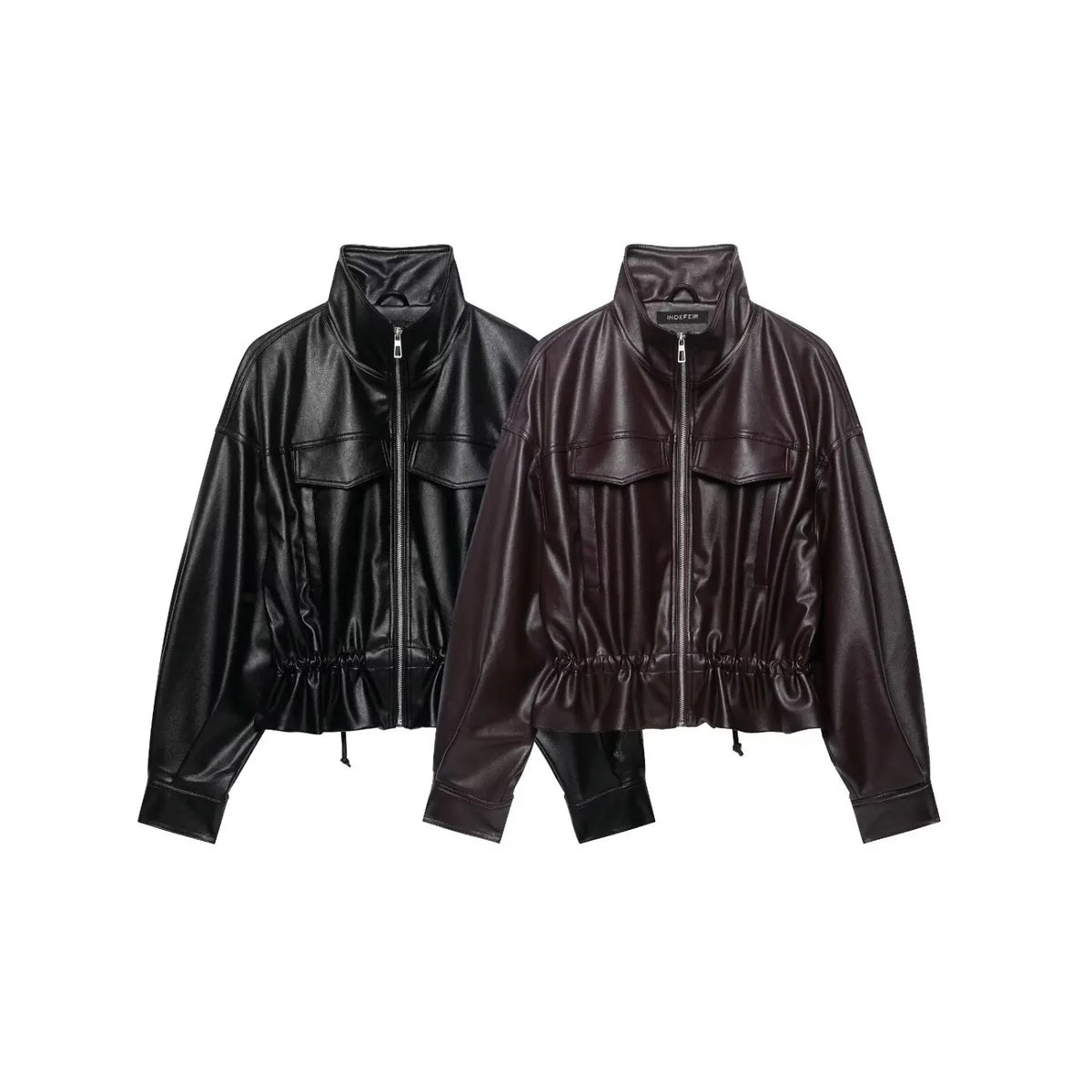 Front flat lay of black and burgundy stand collar zip up cropped PU jackets