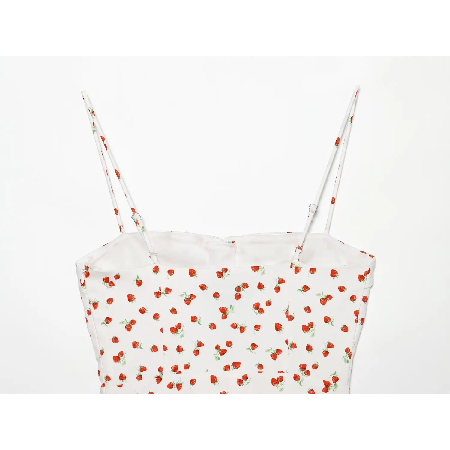 Flat back partial view white strawberry print cami top with double adjustable spaghetti straps
