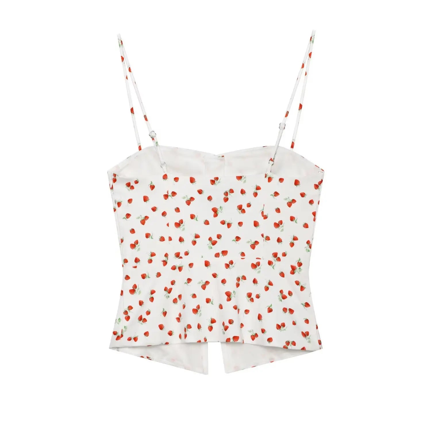 Flat lay back view white strawberry print spaghetti strap cami top with adjustable straps
