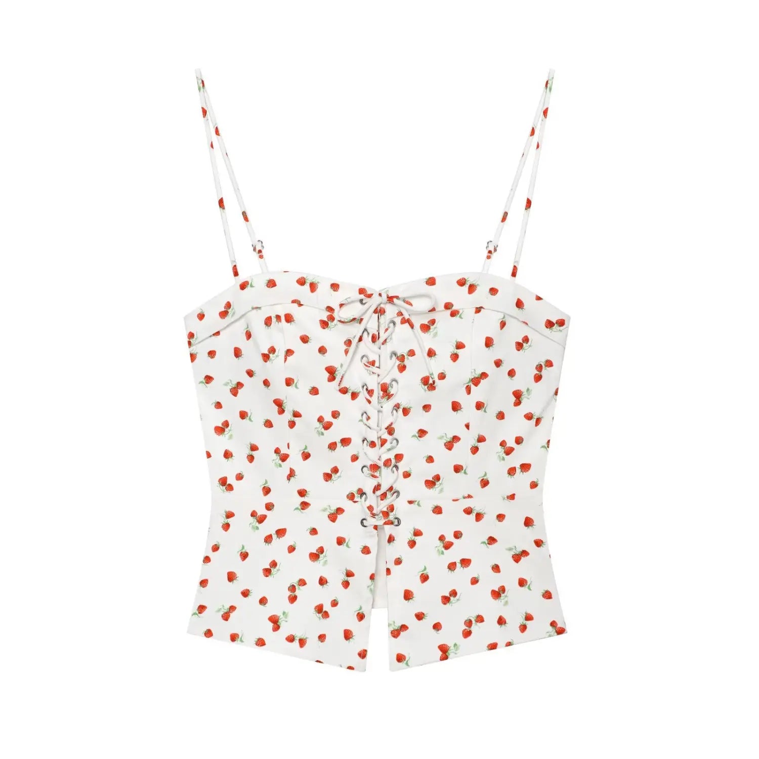 Flat lay front view white cami top with all‑over red strawberry print, lace‑up tie front and split hem