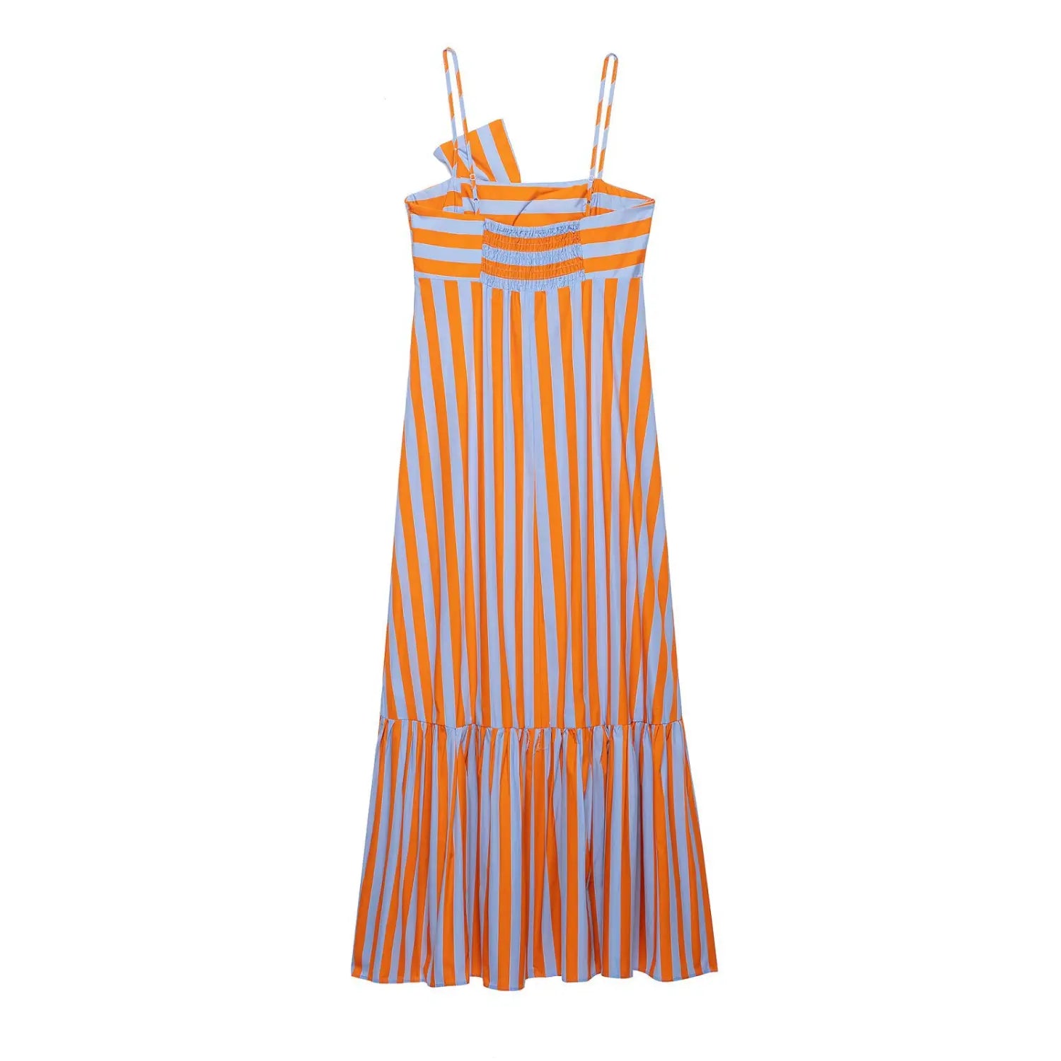 Back view striped cami maxi dress, elastic smocked bodice and thin adjustable straps