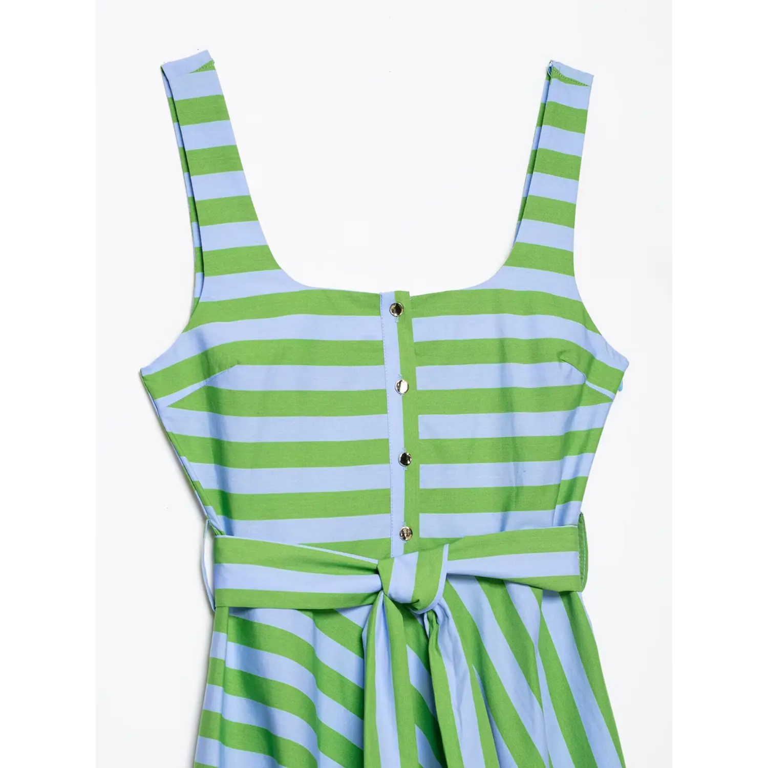 Close-up of square neckline and front button placket on green and light blue stripe camisole dress