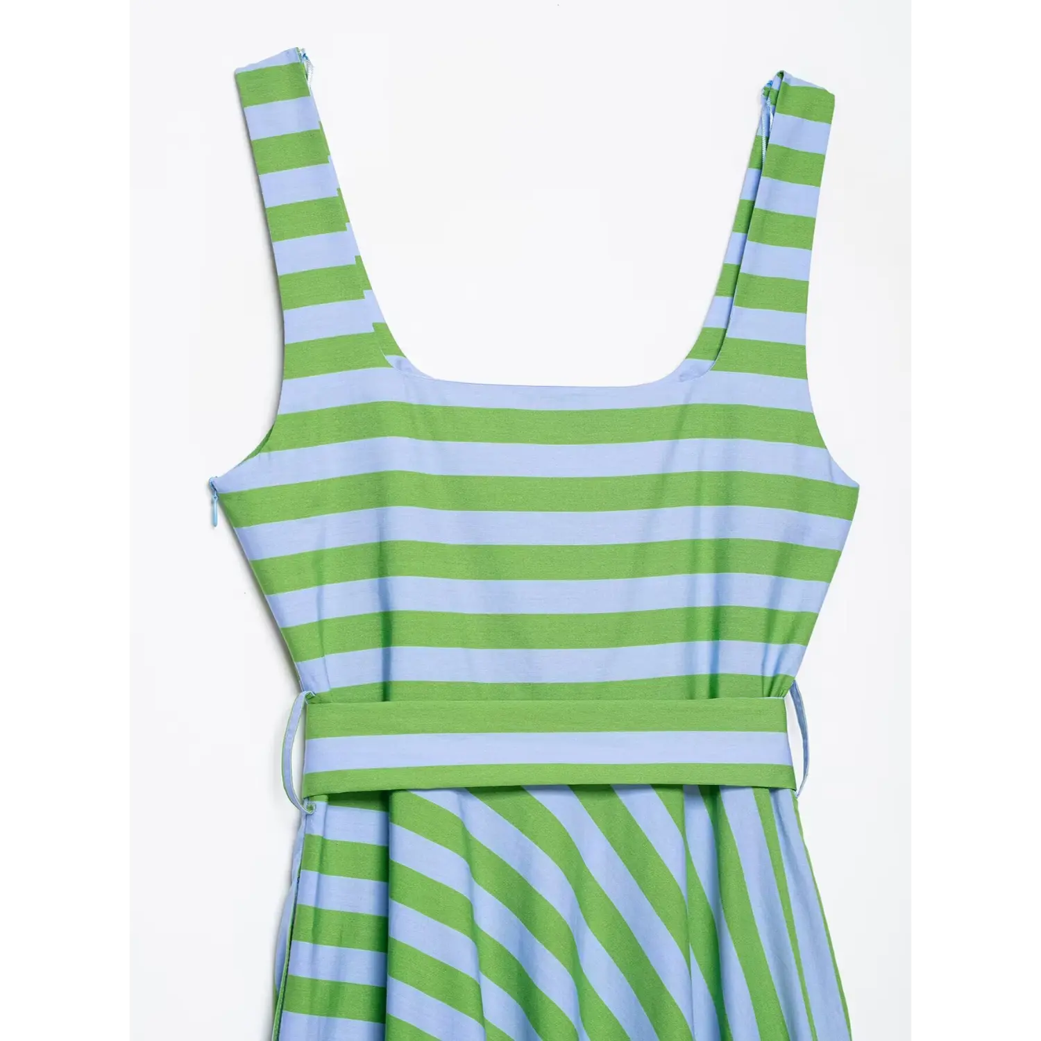 Overall close-up of square neck, shoulder strap and waist part on green and light blue stripe camisole midi dress