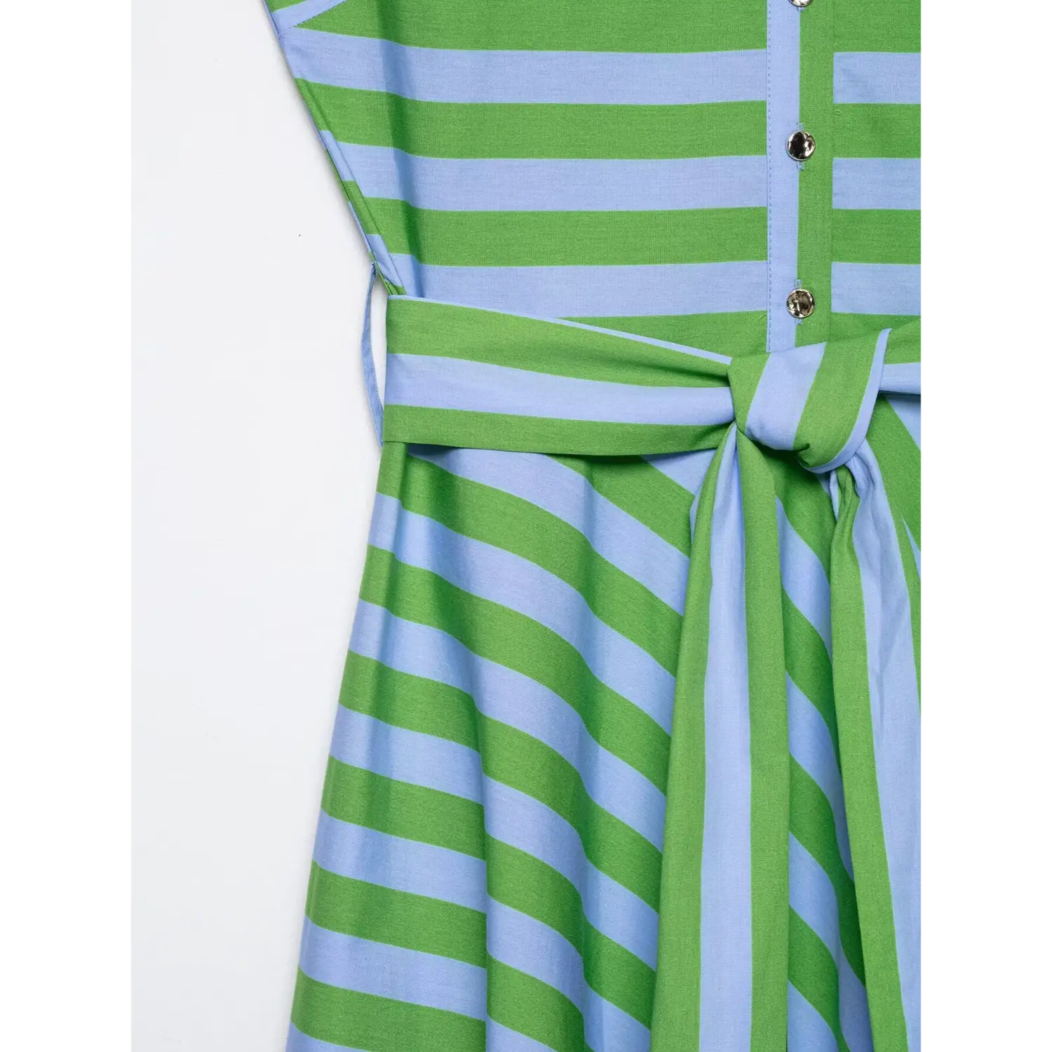 Close-up of waist bow knot and front button placket detail on green blue stripe midi dress