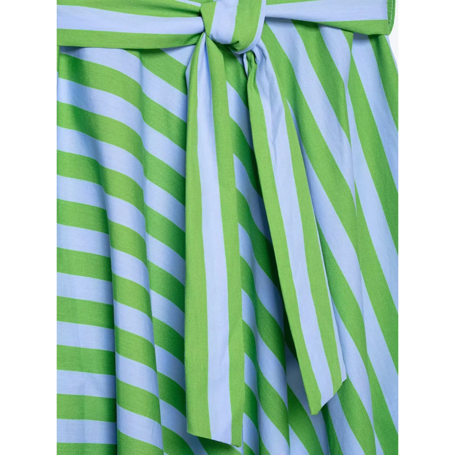 Close-up of self tie waist bow knot detail on green and light blue stripe camisole midi dress