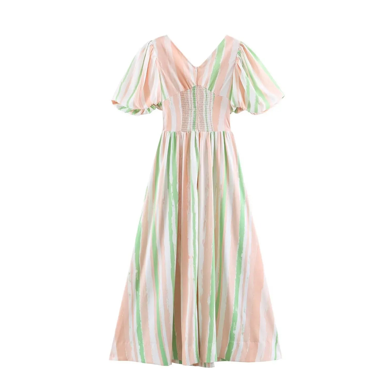 Back full shot of striped midi dress, elastic smocked waist panel, center back invisible zipper, lightweight vacation sundress silhouette