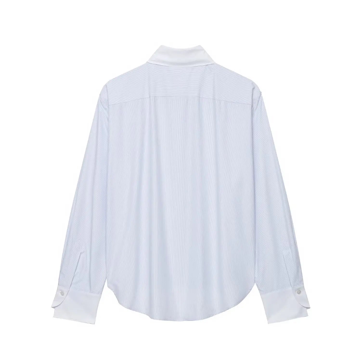 Complete back flat shot of blue white pinstripe long sleeve blouse, straight back yoke seam, curved uneven hem