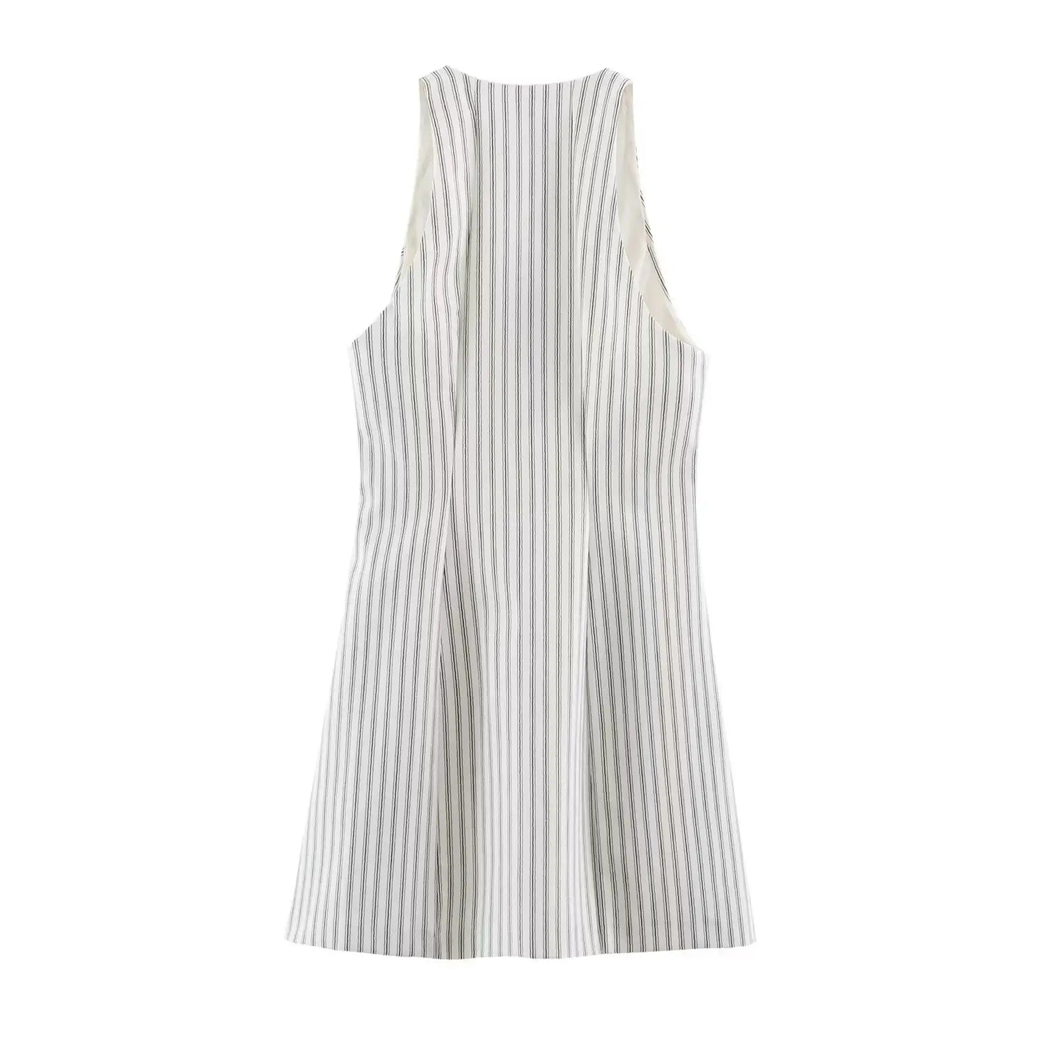 Complete dress back flat view, sleeveless high halter back cutout, full vertical stripe woven fabric, solid inner lining