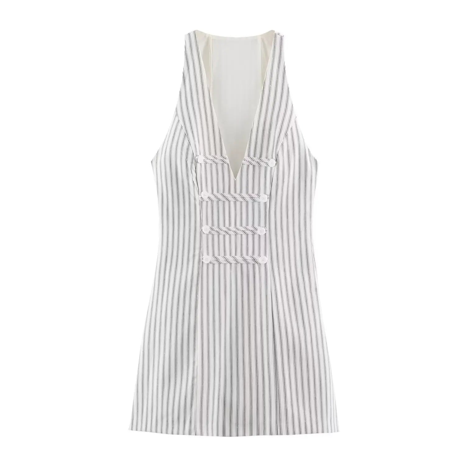 Whole dress front flat lay main shot, off-white base dark vertical stripe, deep V halter neck, four rows double white button decor, A-line mini skirt