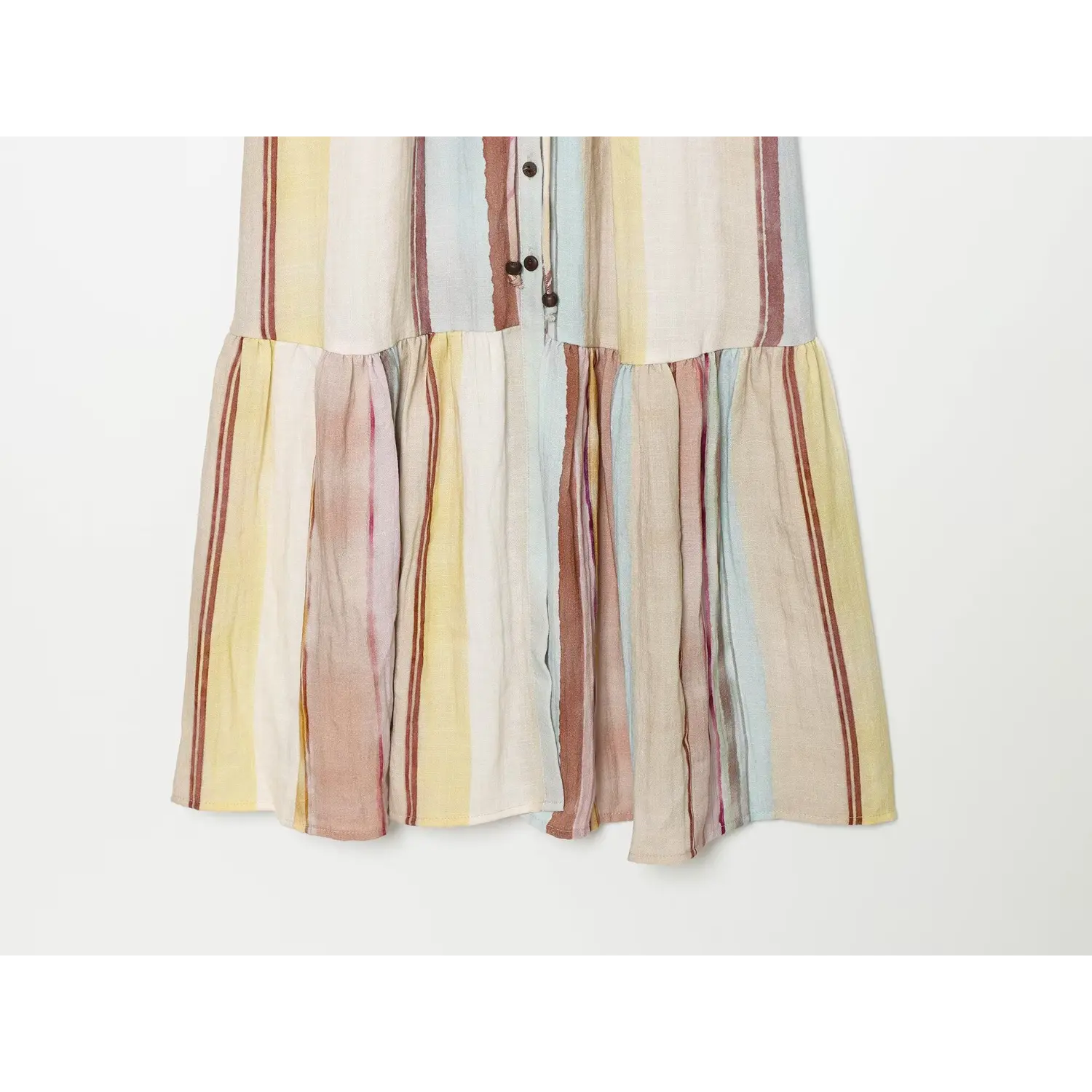 Partial flat shot of tiered ruffle hem skirt on vertical stripe midi dress