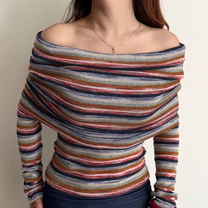 Model wearing stripe off shoulder cowl neck fitted knit top, front close-up view