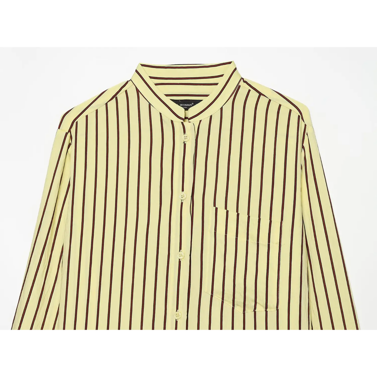 Close-up of stand collar, button placket and chest pocket