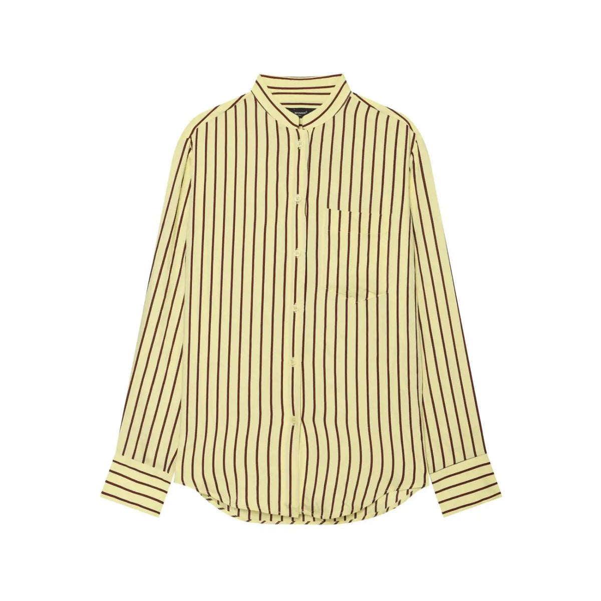 Front flat lay of pale yellow stripe stand collar button shirt
