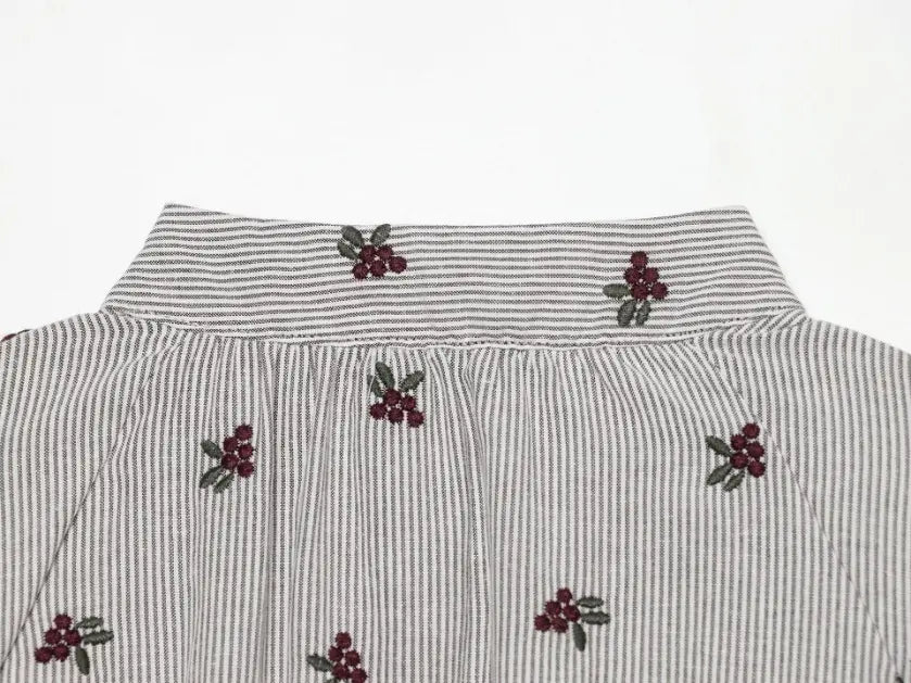 Close-up of back neckline and berry embroidery