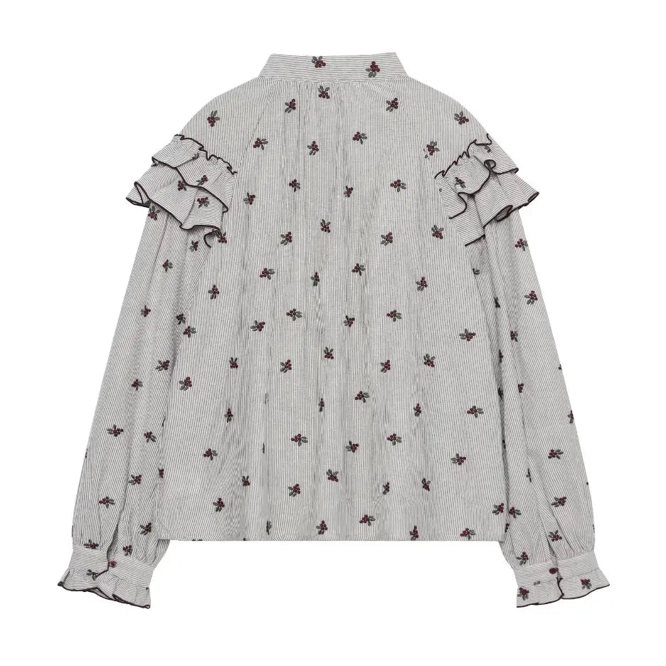 Striped berry embroidered tie neck ruffle blouse, back flat lay