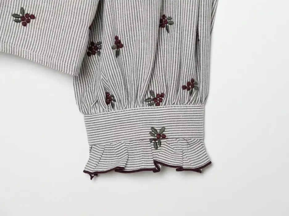 Close-up of ruffled cuff edge and burgundy piping