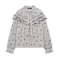 Striped berry embroidered tie neck ruffle blouse, front flat lay