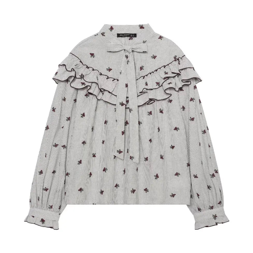 Striped berry embroidered tie neck ruffle blouse, front flat lay