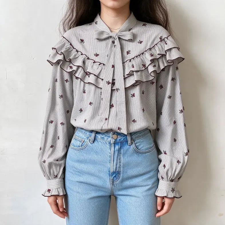 Model wearing striped berry embroidered tie neck ruffle blouse with jeans, front view