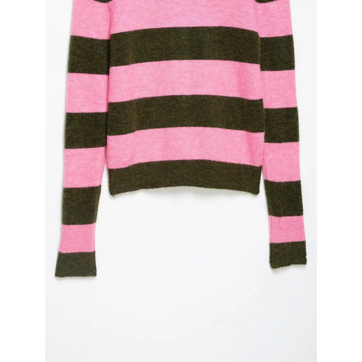 Close-up of back hem and striped knit