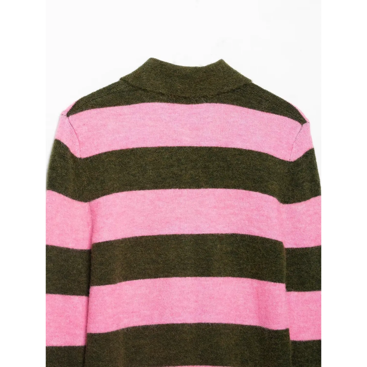 Close-up of back collar and striped knit