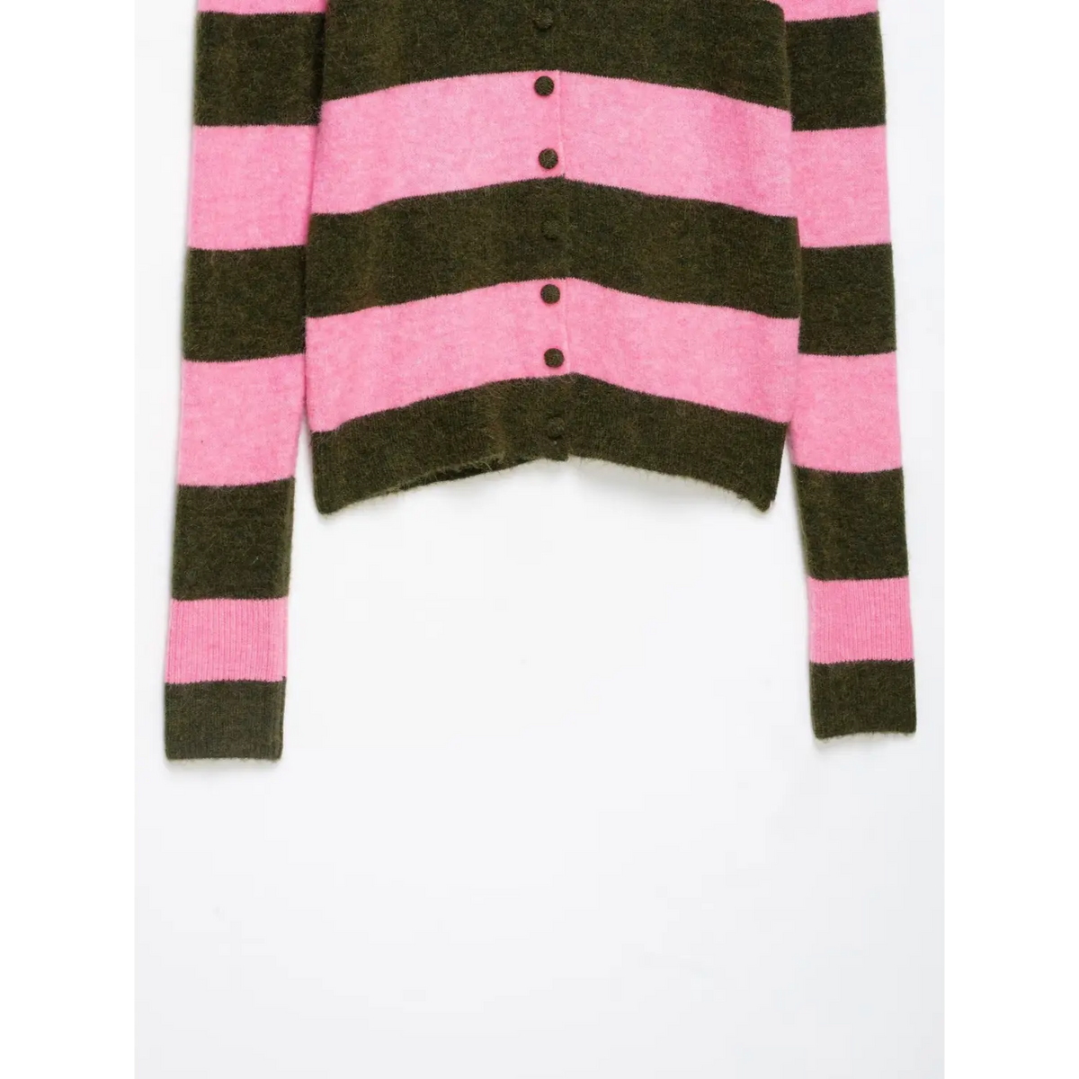 Close-up of ribbed hem and front buttons