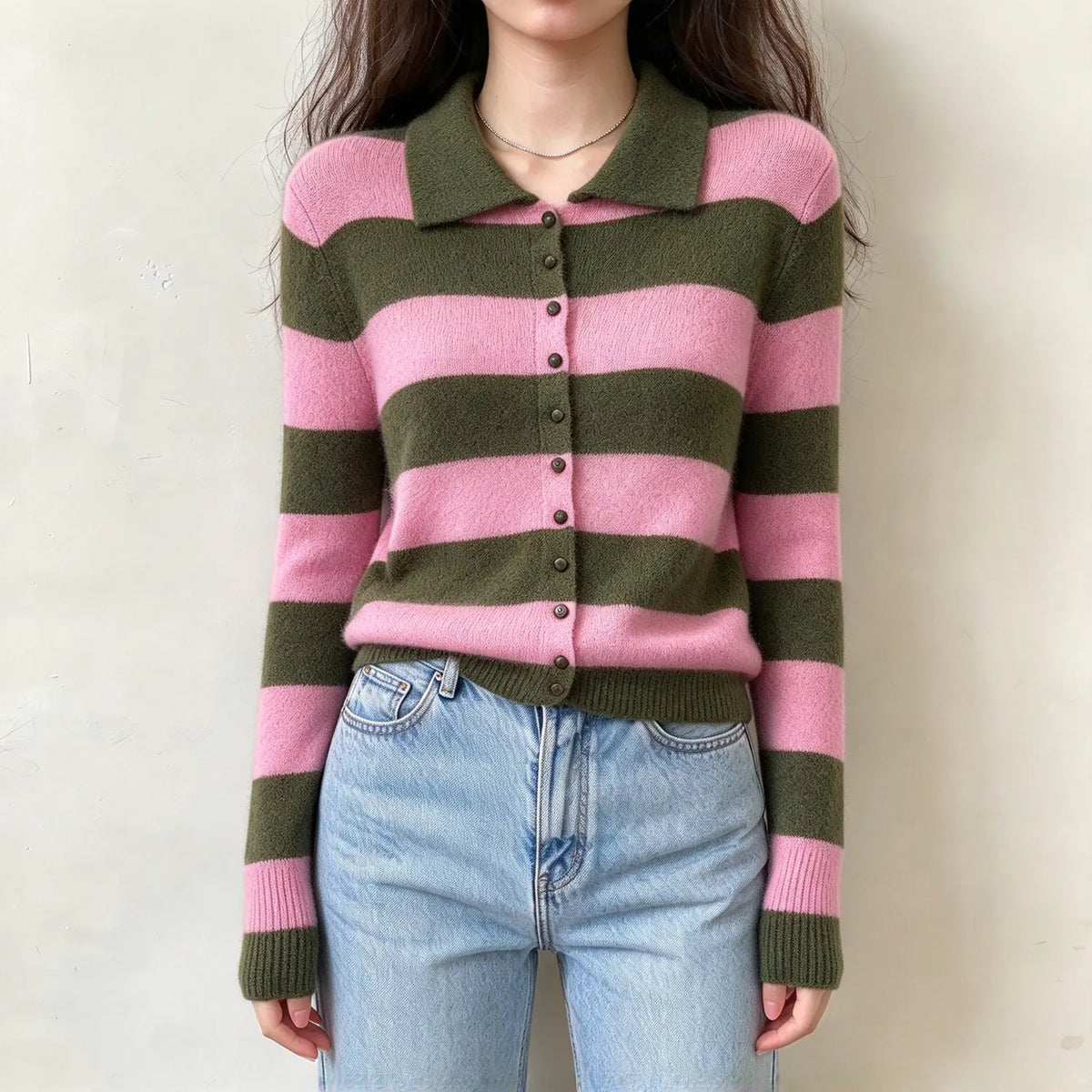Model wearing striped collar button front cardigan, front view