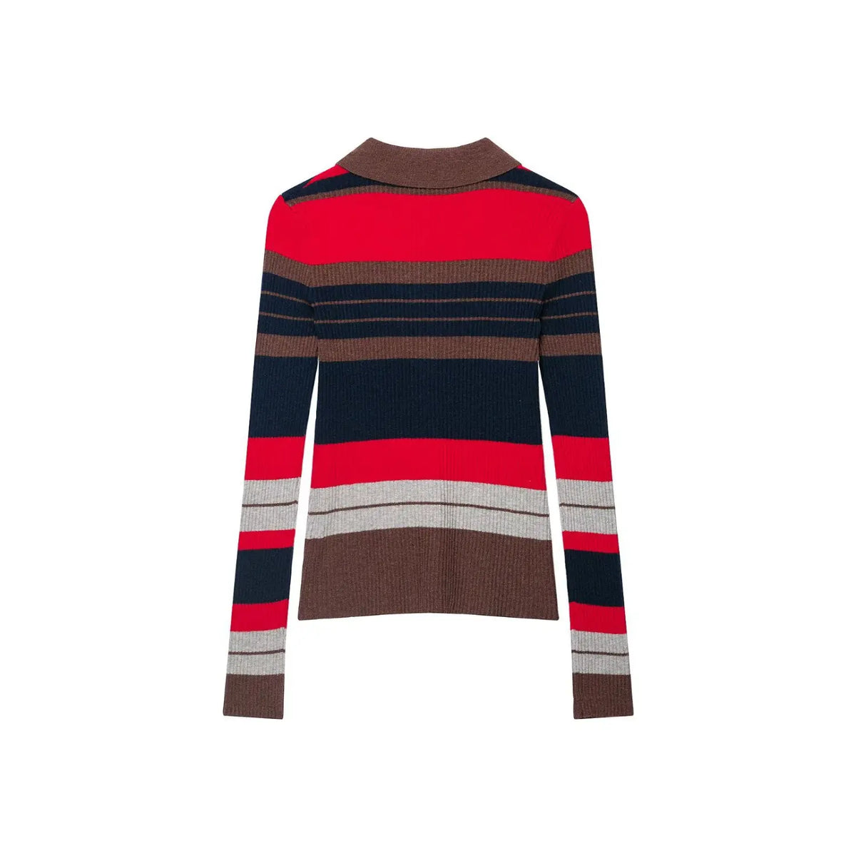 Back flat lay of striped collared button ribbed knit cardigan