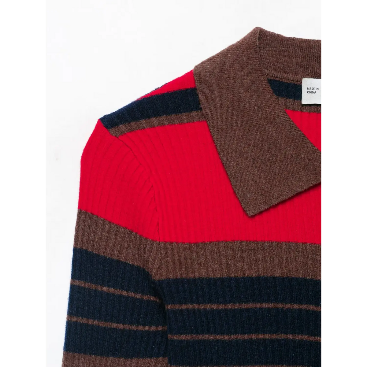 Close-up of brown polo collar and shoulder