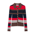 Front flat lay of striped collared button ribbed knit cardigan