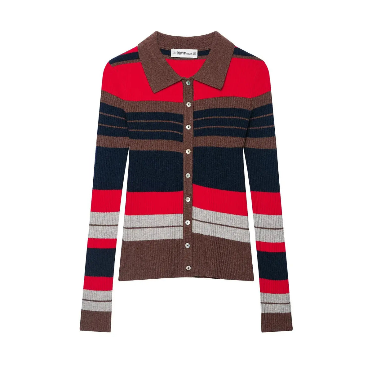 Front flat lay of striped collared button ribbed knit cardigan