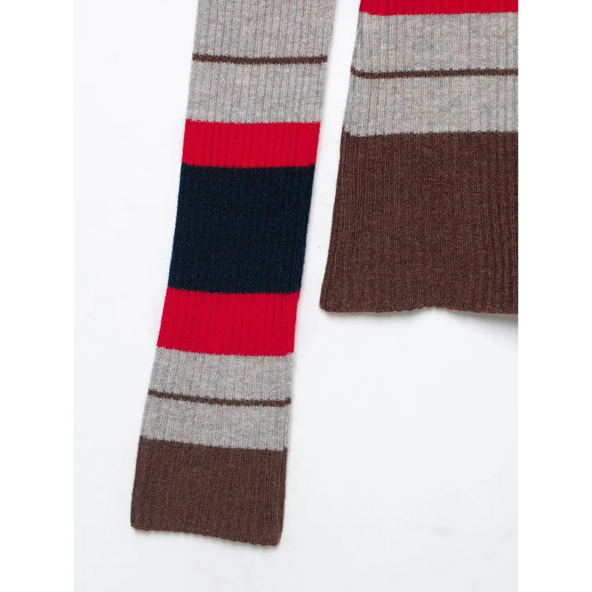 Close-up of striped cuff and brown hem
