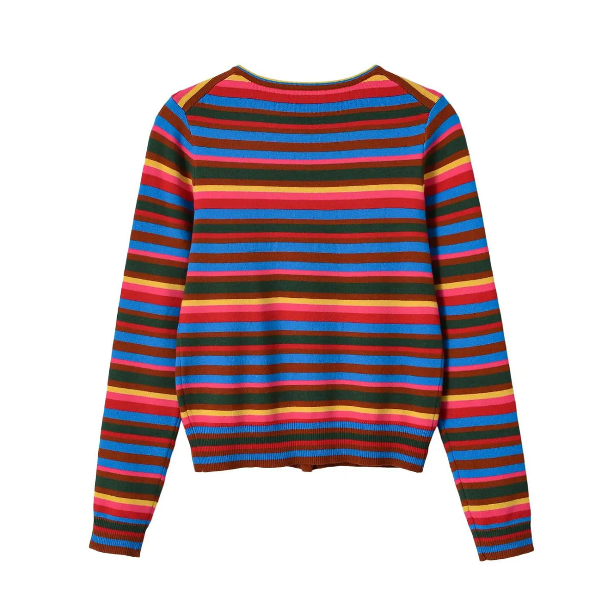 Back flat lay of striped crew neck knit cardigan