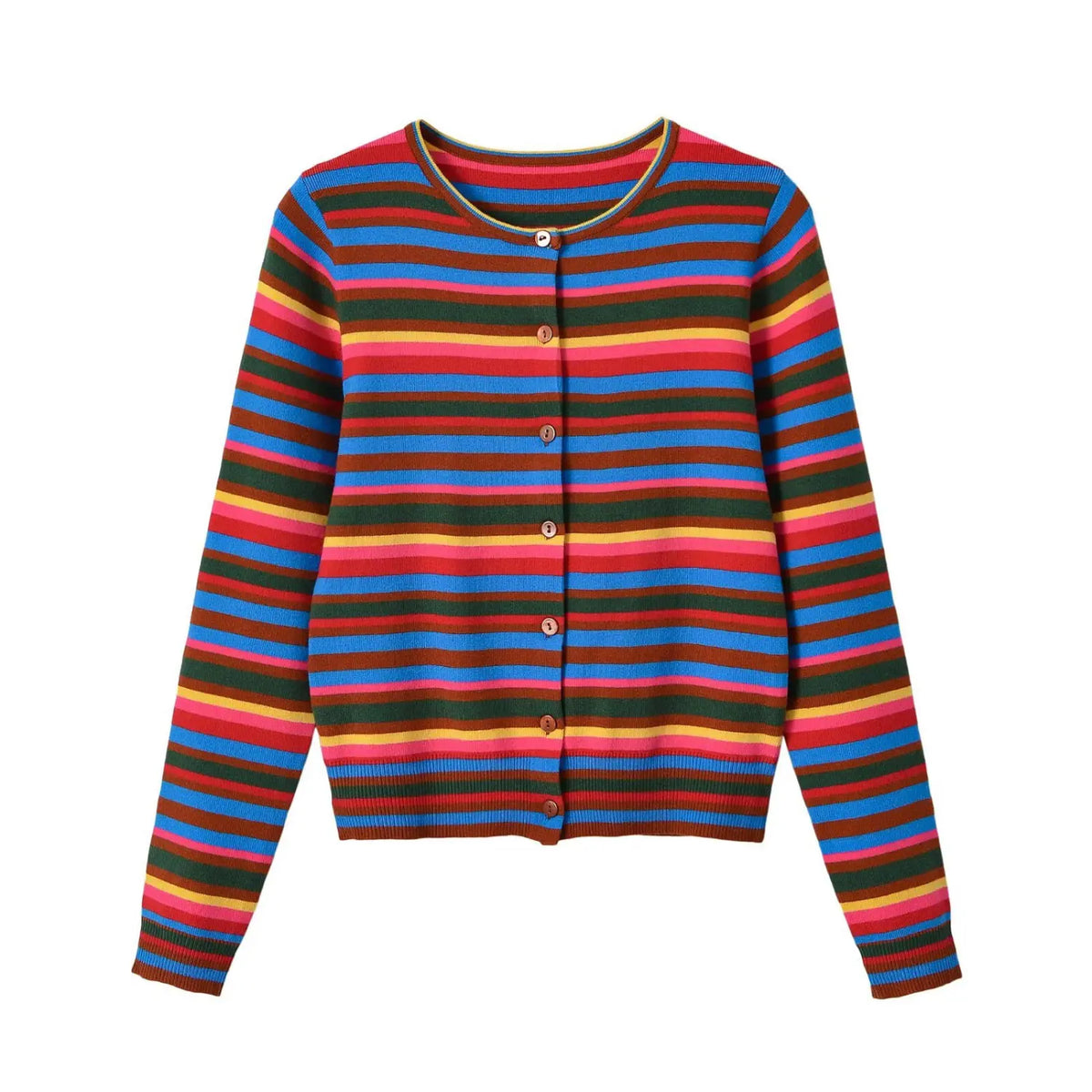 Front flat lay of striped crew neck knit cardigan