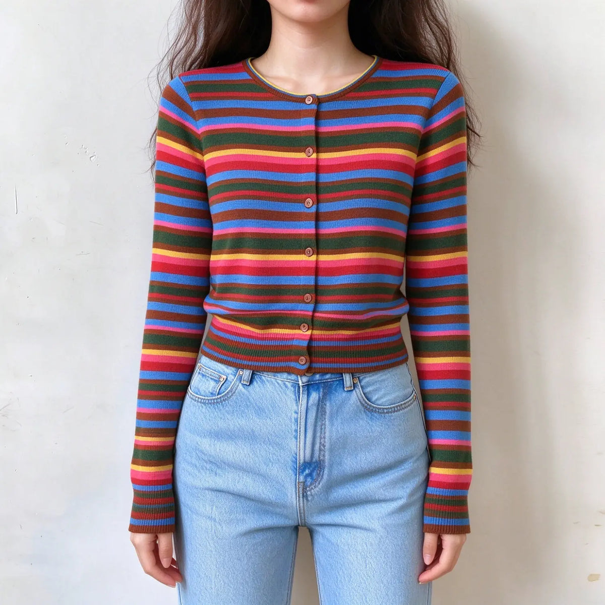 Model wearing striped crew neck knit cardigan with jeans, front view